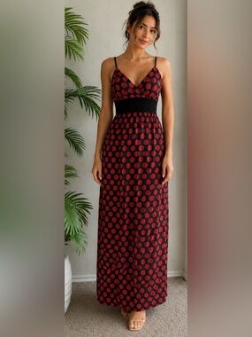 Red Polka Dot Maxi Dress with Smocked Waist and Spaghetti Straps